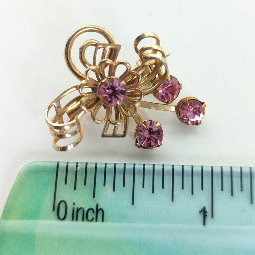 Vintage Estate Gold Tone Prong Set Pink Rhinestone Floral Bow Burst Brooch - Picture 2 of 3